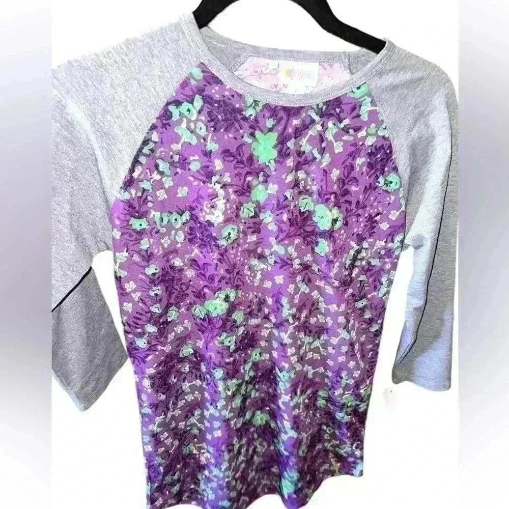 Lularoe small purple abstract floral Randy baseball T. NWT. green flowers.
